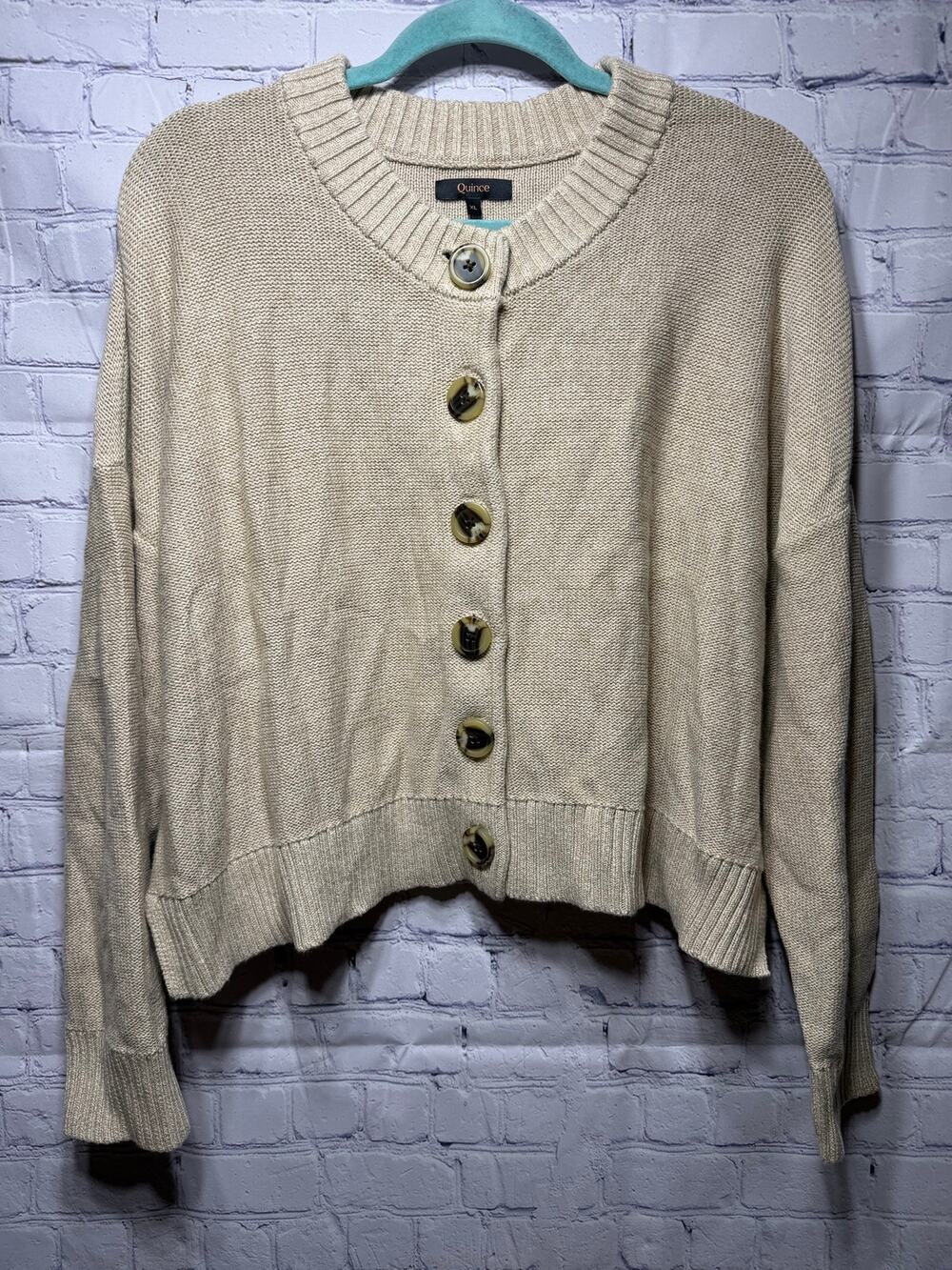 Quince Organic Cotton Cropped Cardigan Tan Sz XL Minimalist Old Money
